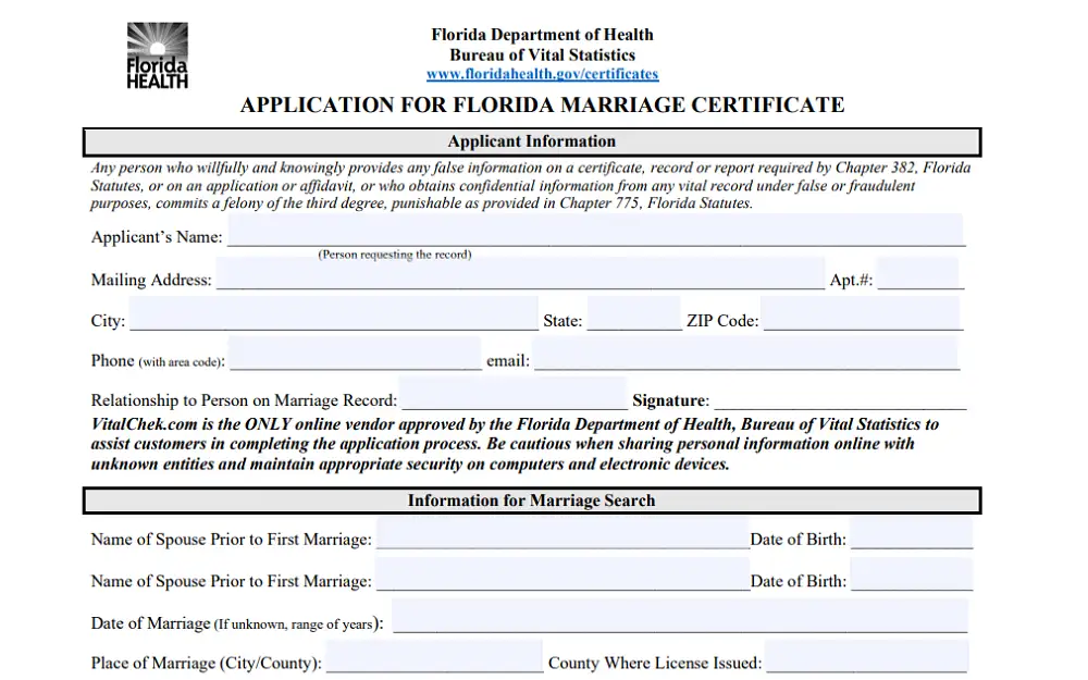 A screenshot displaying an application for a Florida marriage certificate requiring details such as the applicant's name, mailing address, city, state, ZIP code, phone number with area code, email address, signature and others.