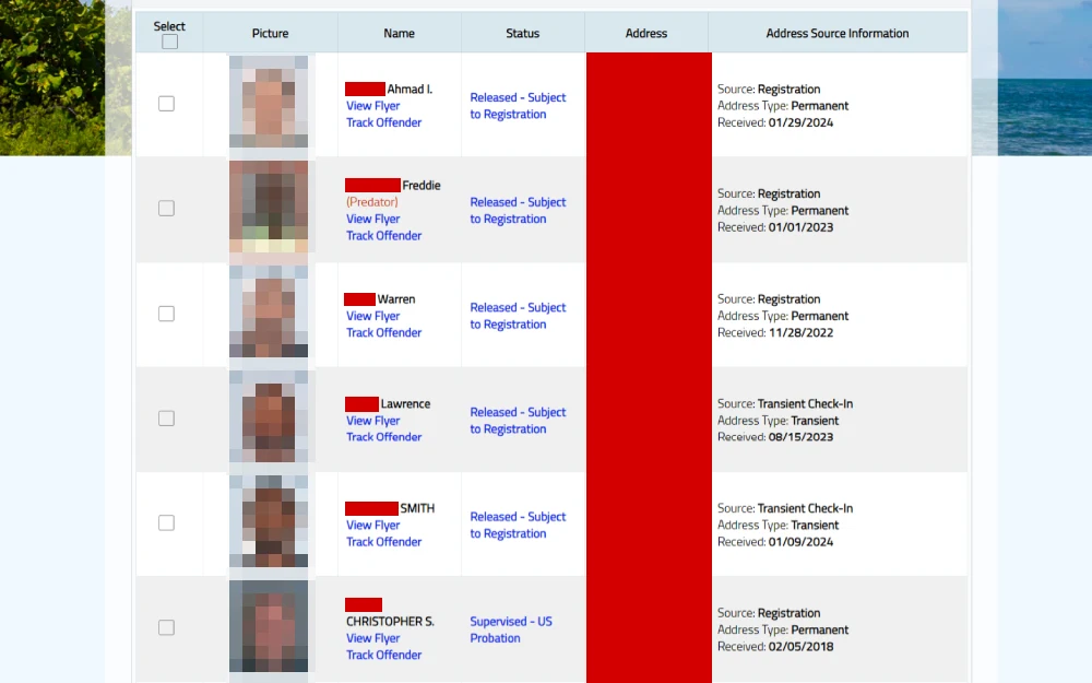 A screenshot displaying a Florida Department of Law Enforcement sexual offenders and predators search result showing information such as the offender or predators' picture, full name, status, complete address and address source information.