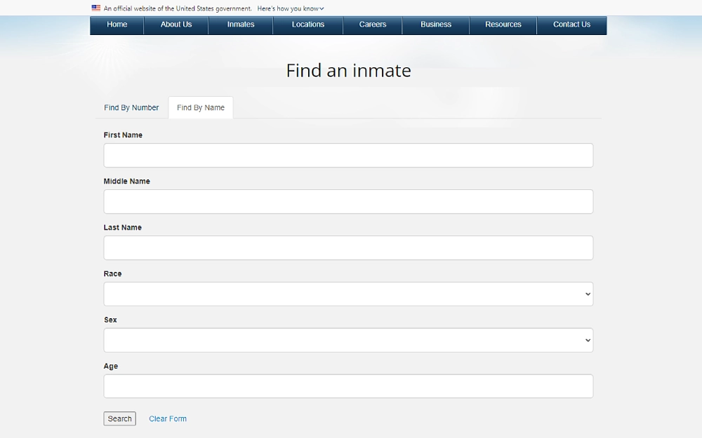 A screenshot displaying a find an inmate search with options to find by number or by name and showing information to fill out such as first, middle, and last name, race, age, and sex from the Federal Bureau of Prisons website.