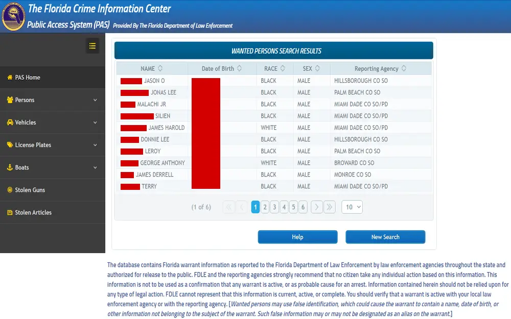 A screenshot of the Florida Crime Information Center's public access system displaying a list of wanted individuals with details including name, date of birth, race, sex, and reporting agency.