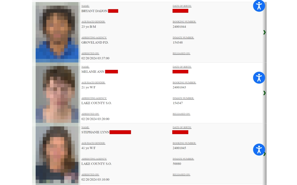 A screenshot showing a Florida inmate search result displaying an image, name, age, race, gender, arresting agency, arrested date and time, date of birth, booking number, inmate number and release date and time of the incarcerated individuals.