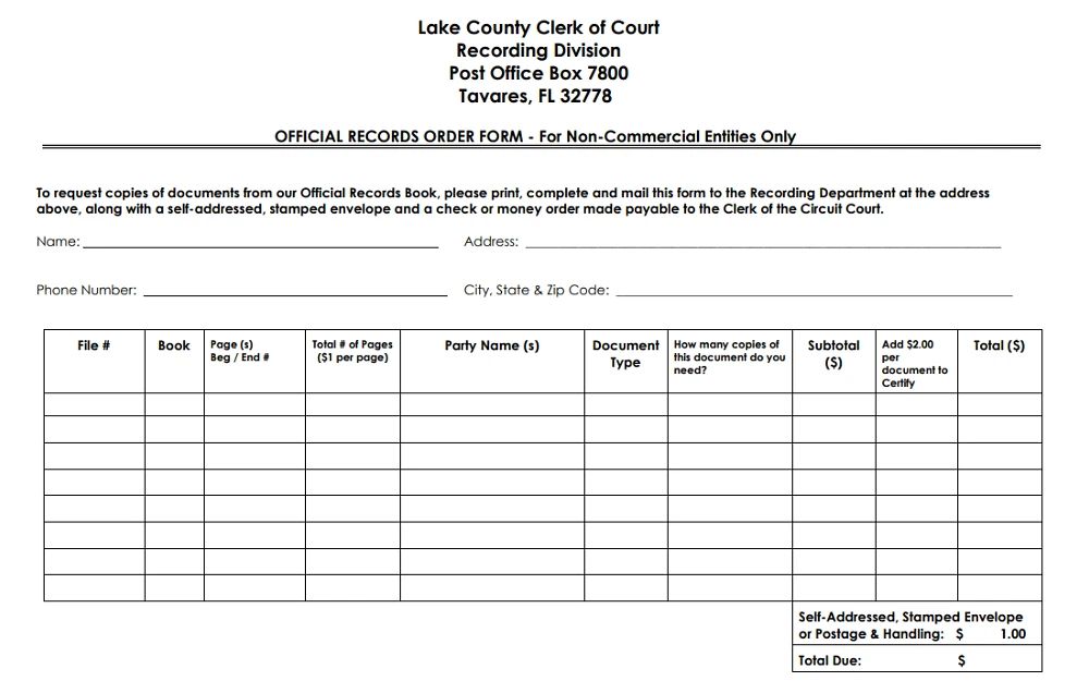 A screenshot of an official records order form with information to fill out, such as name, address, phone number, city, state, ZIP code, file number, book, number of pages, total number of pages, and others.