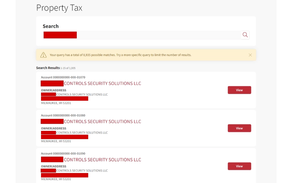 A screenshot displaying a property tax search tool and search results showing the account number, property name, owner's name, and complete address from the Lake County Tax Collector website.