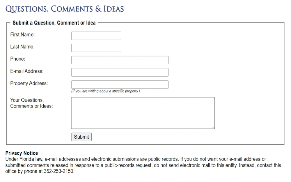 A screenshot showing the Questions, Comments and Ideas Form of the Lake County Property Appraiser with details to fill out such as first and last name, phone number, email address, property address and the information of your question, comments or ideas.