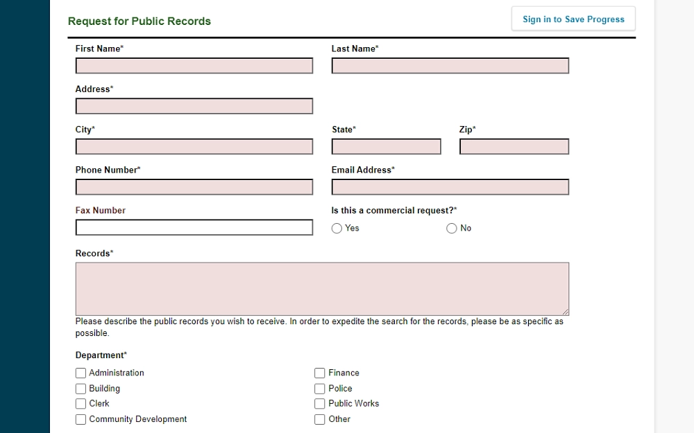 A screenshot displaying a request for public records requiring information to fill out such as first and last name, address, city, state, zip, phone number, email address and the public record description to request.
