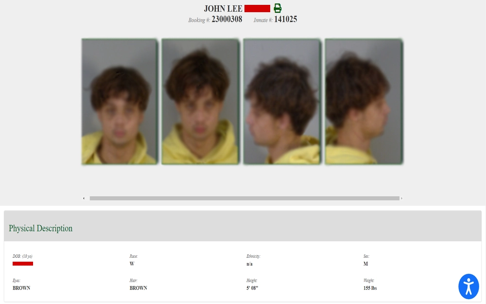 A screenshot from the Lake County Sheriff’s Office featuring front and side mugshots, with a physical description detailing the date of birth, eye and hair color, ethnicity, sex, height, and weight.