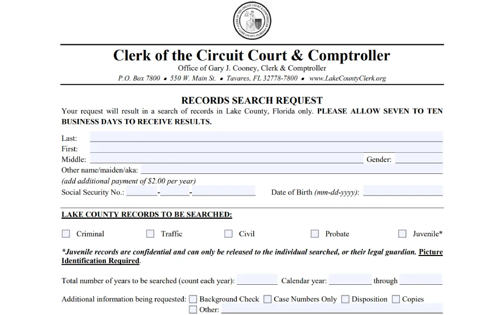 A screenshot from the Clerk of the Circuit Court & Comptroller featuring a search request of various types of records, with fields for personal information, record type selection, and the option to add years to the search for an additional fee.