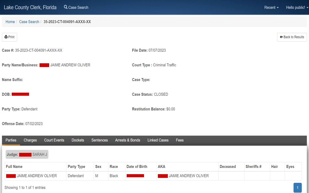 A screenshot from the Lake County Clerk of Courts featuring a completed criminal traffic case record, including the case number, party name, filing date, type, status, and other case details.