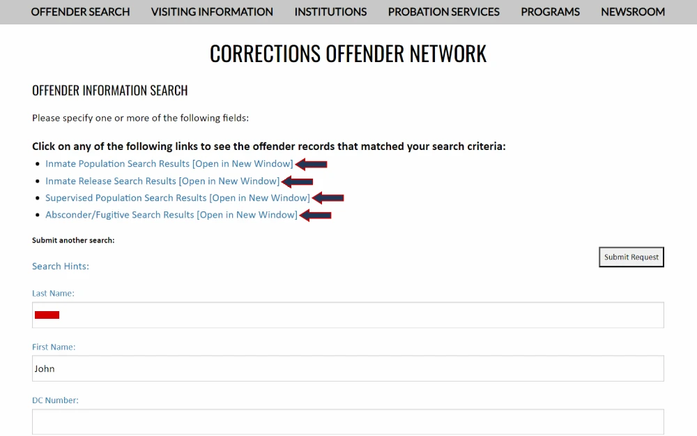 A screenshot from the Florida Department of Corrections featuring various links for searching offender records based on population, release, supervision status, and absconder/fugitive status, with a search form for entering personal names and identification numbers.
