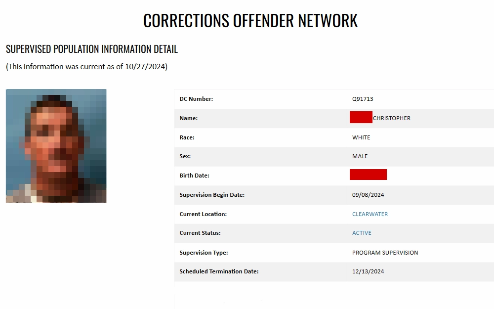 A screenshot of the offender's profile from the Florida Department of Corrections displays information such as DC number, name, race, sex, birth date, supervision type, current location and status.