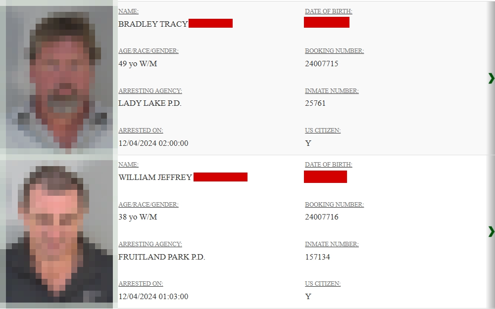 A screenshot displays the inmates' mugshots, full name, date of birth, age/race/gender, booking number, arresting agency, inmate number, arrested date, and citizenship.